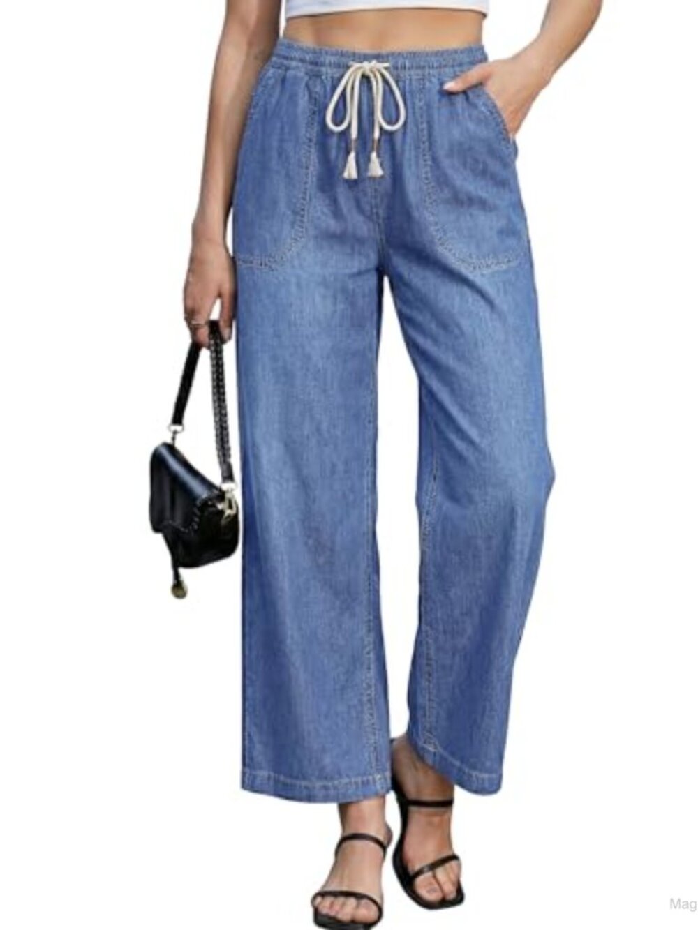 High Waisted Wide Leg Jeans for Women Pull On Elastic Waist Drawstring Ankle